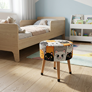 Kedi Desenli Dekoratif Puf Tabure – Ahşap Ayaklı Çok Amaçlı Çocuk Odası Pufu