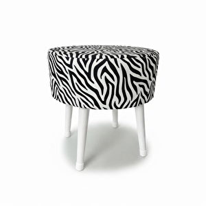 Salon Pufu – Dalgalı Zebra Desenli, Ahşap Ayaklı Dekoratif Tabure - Beyaz Ayak
