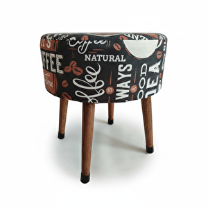 Kahve Desenli Puf Tabure – Retro Coffee Tasarım, Ahşap Ayaklı