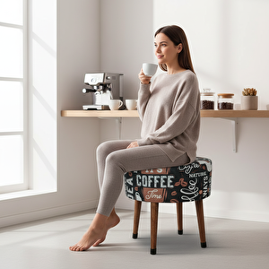 Kahve Desenli Puf Tabure – Retro Coffee Tasarım, Ahşap Ayaklı
