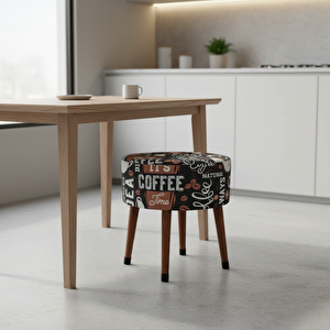 Kahve Desenli Puf Tabure – Retro Coffee Tasarım, Ahşap Ayaklı