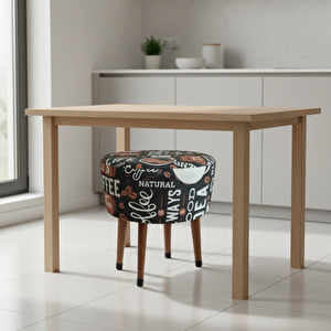 Kahve Desenli Puf Tabure – Retro Coffee Tasarım, Ahşap Ayaklı