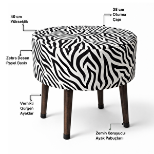 Salon Pufu – Dalgalı Zebra Desenli, Ahşap Ayaklı Dekoratif Tabure - Siyah Ayak