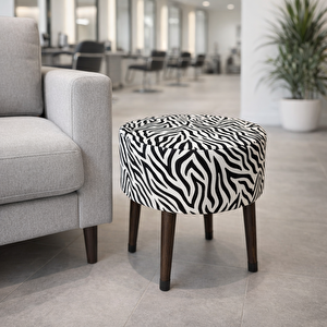 Salon Pufu – Dalgalı Zebra Desenli, Ahşap Ayaklı Dekoratif Tabure - Siyah Ayak