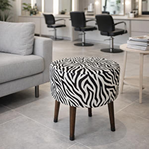 Salon Pufu – Dalgalı Zebra Desenli, Ahşap Ayaklı Dekoratif Tabure - Siyah Ayak