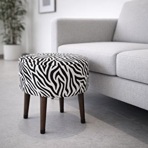 Salon Pufu – Dalgalı Zebra Desenli, Ahşap Ayaklı Dekoratif Tabure - Siyah Ayak