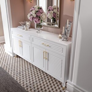 Panjurlu Mdf Membran Kapaklı 4 Kapaklı 2 Çekmeceli Konsol 180 Cm – Modern Beyaz Gold