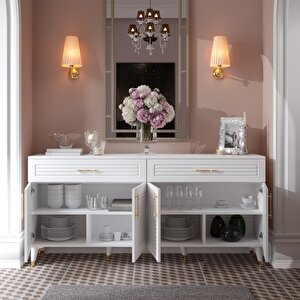Panjurlu Mdf Membran Kapaklı 4 Kapaklı 2 Çekmeceli Konsol 180 Cm – Modern Beyaz Gold