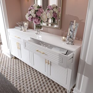 Panjurlu Mdf Membran Kapaklı 4 Kapaklı 2 Çekmeceli Konsol 180 Cm – Modern Beyaz Gold