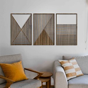 Ahşap Duvar Tablosu, 3 Parça Ahşap Modern Duvar Dekoru, Soyut Tünel Desen Duvar Paneli, Akasya 57x38 cm