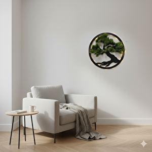 Led Işıklı Ve Yeşil Bonsai Ağaç Tablo 40cm - Siyah