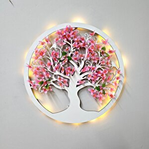 Led Işıklı Ve Pembe Sakura Hayat Ağacı Tablo 40cm - Beyaz