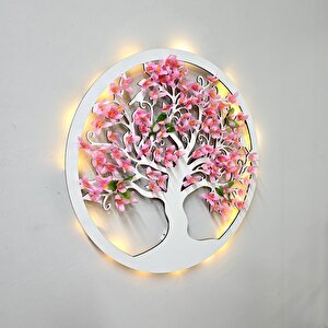 Led Işıklı Ve Pembe Sakura Hayat Ağacı Tablo 40cm - Beyaz