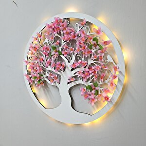 Led Işıklı Ve Pembe Sakura Hayat Ağacı Tablo 40cm - Beyaz