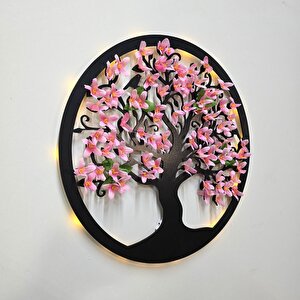 Led Işıklı Ve Pembe Sakura Hayat Ağacı Tablo 40cm - Siyah