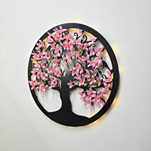 Led Işıklı Ve Pembe Sakura Hayat Ağacı Tablo 40cm - Siyah