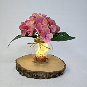 Pembe Ortanca Çiçekli, Led Işıklı Dekoratif Vazo