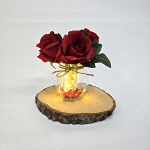Kırmızı Gül Çiçekli, Led Işıklı Dekoratif Vazo