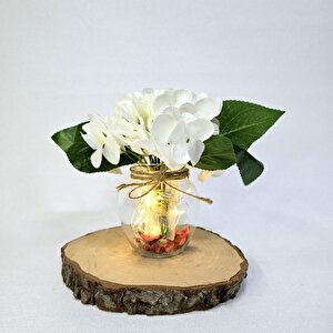 Beyaz Ortanca Çiçekli, Led Işıklı Dekoratif Vazo