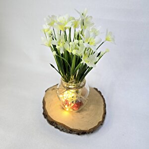 Beyaz Nergis Çiçekli, Led Işıklı Dekoratif Vazo