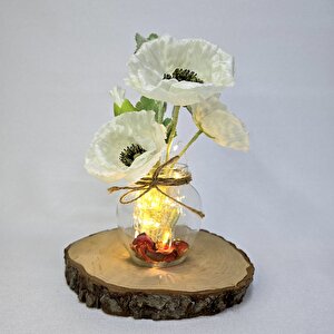 Beyaz Gelincik Çiçekli, Led Işıklı Dekoratif Vazo