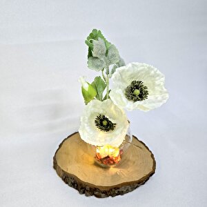 Beyaz Gelincik Çiçekli, Led Işıklı Dekoratif Vazo