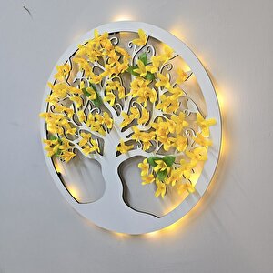 Led Işıklı Ve Sarı Sakura Hayat Ağacı Tablo 40cm - Beyaz