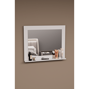 Df06102 Raflı Dekoratif Duvar Aynası Makyaj Aynası Beyaz