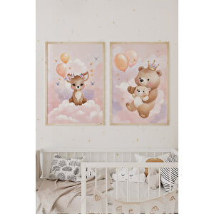 Ayıcık Ve Geyik 2’li Çocuk Odası Ahşap Çerçeveli Tablo Seti - Pembe Bulut Dekoru 30x42 cm