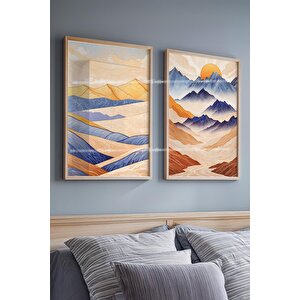 Mavi Dağ Manzarası 2'li Ahşap Çerçeveli Tablo Seti-2 21x30 cm