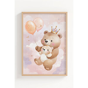 Ayıcık Ve Geyik 2’li Çocuk Odası Ahşap Çerçeveli Tablo Seti - Pembe Bulut Dekoru 21x30 cm