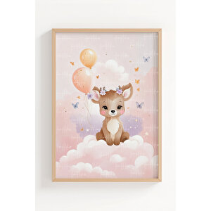 Ayıcık Ve Geyik 2’li Çocuk Odası Ahşap Çerçeveli Tablo Seti - Pembe Bulut Dekoru 21x30 cm