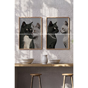 Kedi Çift Temalı 2'li Ahşap Çerçeveli Tablo Seti 50x70 cm