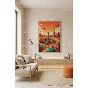 Fütüristik Şehir Manzarası Dekoratif Ahşap Çerçeveli Tablo – Modern Retro Duvar Dekoru 50x70 cm