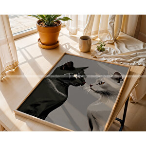 Kedi Çift Temalı 2'li Ahşap Çerçeveli Tablo Seti 21x30 cm