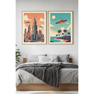 Retro Gelecek 2’li Ahşap Çerçeveli Tablo Seti - Fütüristik Şehir Ve Sahil Dekoru 21x30 cm