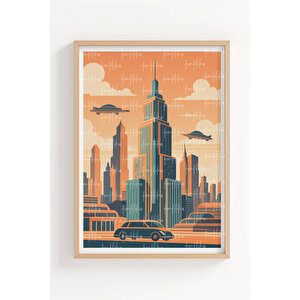 Retro Gelecek 2’li Ahşap Çerçeveli Tablo Seti - Fütüristik Şehir Ve Sahil Dekoru 21x30 cm