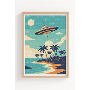 Retro Gelecek 2’li Ahşap Çerçeveli Tablo Seti - Fütüristik Şehir Ve Sahil Dekoru 21x30 cm