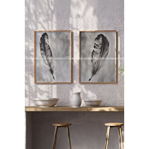Minimal Kuş Tüyü Detaylı 2'li Ahşap Çerçeveli Tablo Seti 50x70 cm
