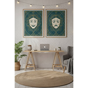 Tiyatro Maskeleri 2’li Ahşap Çerçeveli Tablo Seti - Dizi Ve Film Dekoru 30x42 cm
