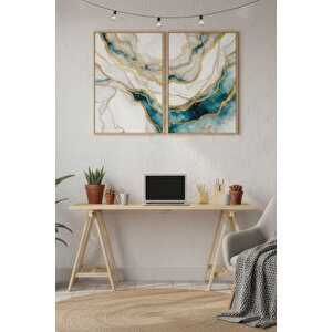 Mavi Damarlar 2’li Ahşap Çerçeveli Tablo Seti - Soyut Modern Duvar Dekoru 30x42 cm