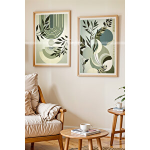 Doğal Tonlarda Modern Yaprak Tasarımlı Ahşap Çerçeveli 2'li Tablo Seti-2 30x42 cm
