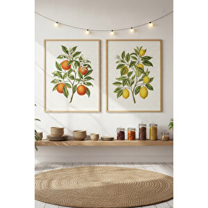 Portakal Ve Limon 2’li Ahşap Çerçeveli Tablo Seti - Bitki Ve Çiçek Dekoru 21x30 cm