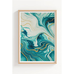 Turkuaz Dalgalar 2’li Soyut Ahşap Çerçeveli Tablo Seti - Modern Yatak Odası Dekoru 50x70 cm