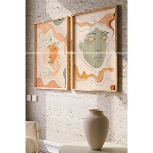 Minimalist Çizgi Sanatı Ahşap Çerçeveli 2'li Tablo Seti 50x70 cm