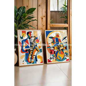 Caz Temalı Renkli Ahşap Çerçeveli 2'li Tablo Seti - 21x30 21x30 cm