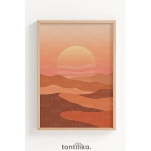 Çöl Gün Batımı Minimal Dekoratif Ahşap Çerçeveli Tablo – Boho Modern Duvar Dekoru 50x70 cm
