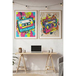Kaset Ve Müzik Seti 2’li Ahşap Çerçeveli Tablo Seti - Retro Pop Art Dekor 50x70 cm