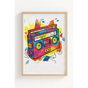 Kaset Ve Müzik Seti 2’li Ahşap Çerçeveli Tablo Seti - Retro Pop Art Dekor 30x42 cm