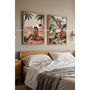 Egzotik Çita Ve Tropikal Kadın 2 Parçalı Ahşap Tablo Seti 50x70 cm